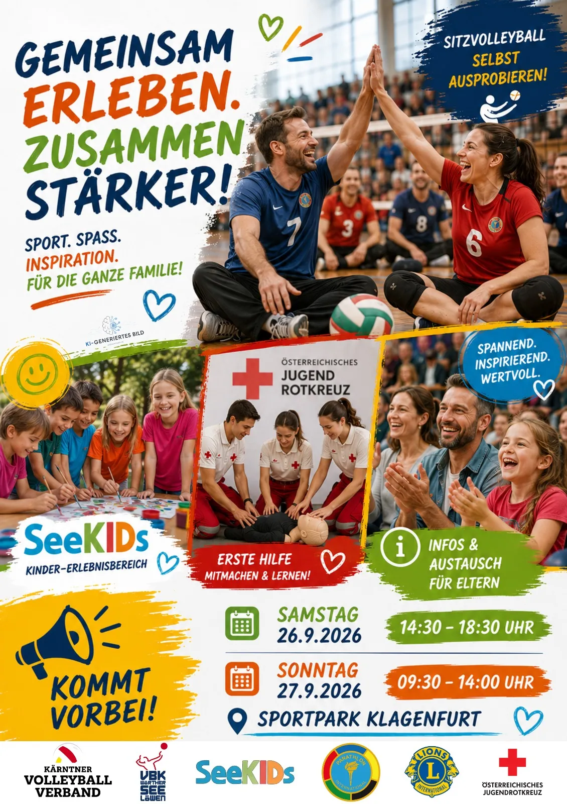 Plakat zum Rahmenprogramm: Zwei Sitzvolleyball-Spielerinnen und -Spieler klatschen sich auf dem Hallenboden ab, darunter Kinder beim Basteln, eine Erste-Hilfe-Übung des Jugendrotkreuzes und applaudierende Zuschauer. Termine: Samstag 26.9.2026 von 14:30 bis 18:30 Uhr und Sonntag 27.9.2026 von 09:30 bis 14:00 Uhr im Sportpark Klagenfurt